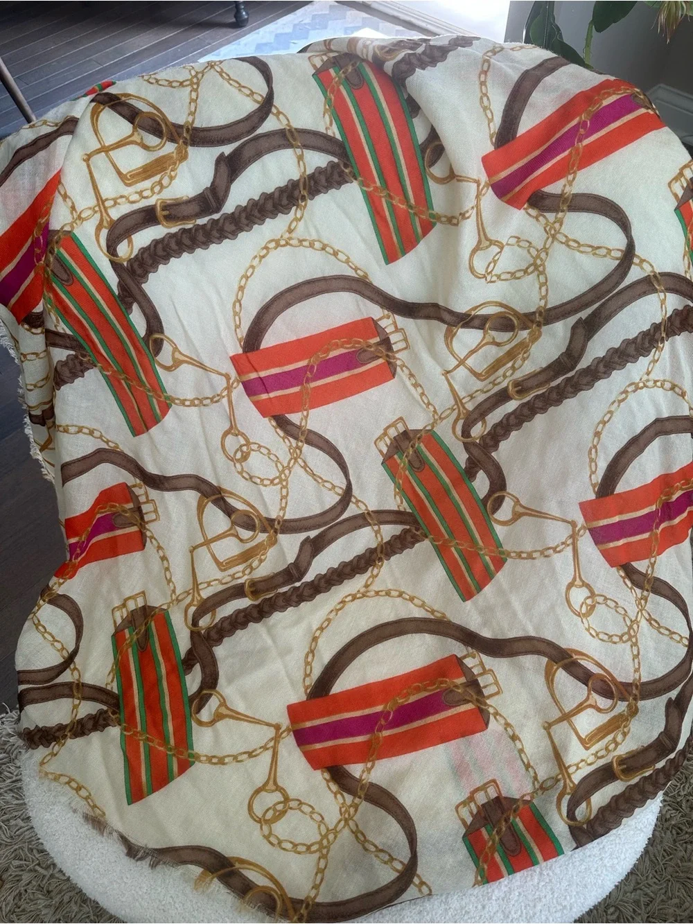 Oversized Equestrian Chain Belt Print Scarf Wrap 40” Square